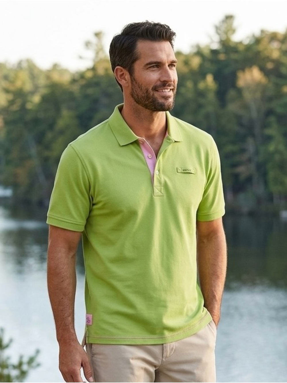 Orvis Men's L Green & Pink 100% Cotton Short Sleeve Polo Shirt